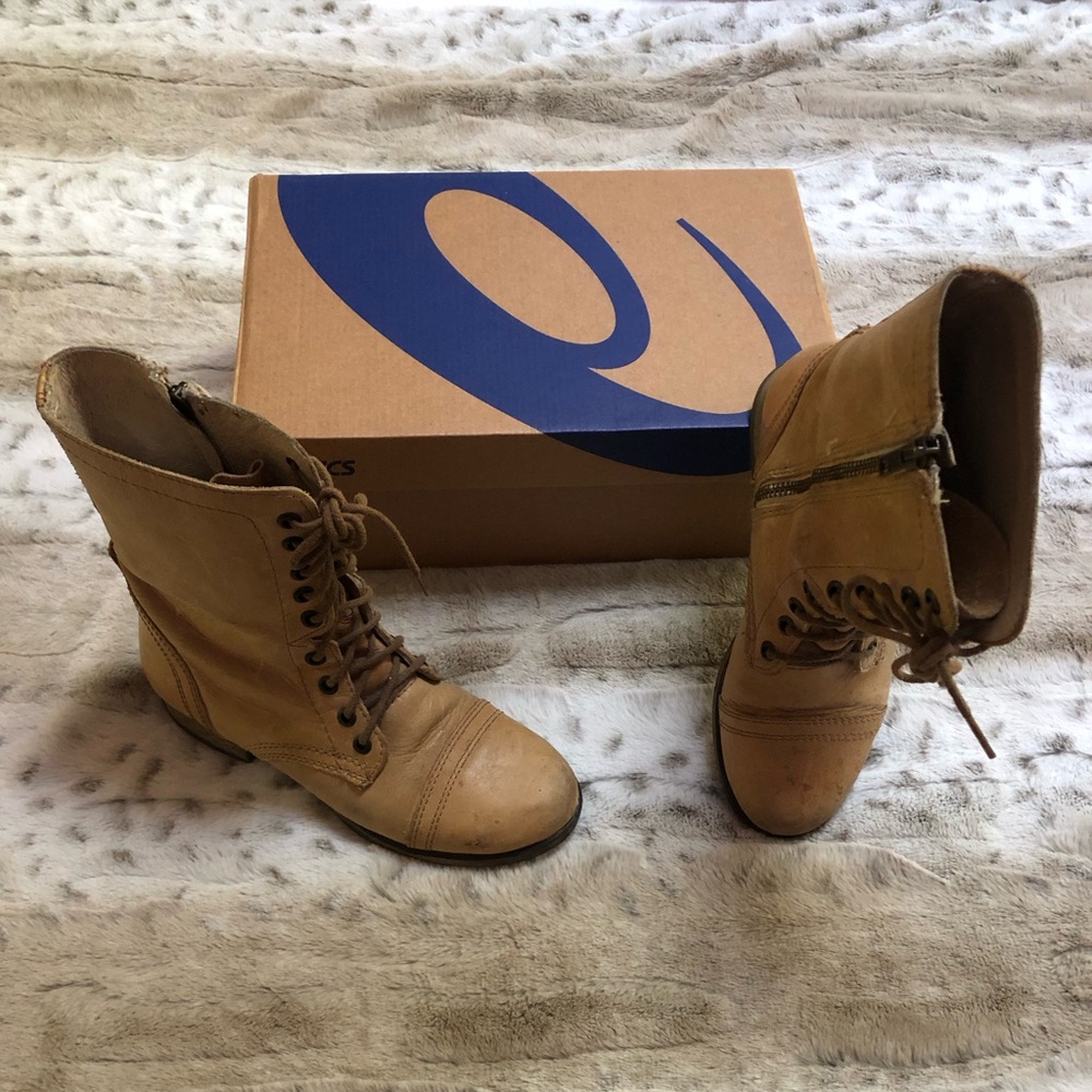 Women Steve Madden Troopa Leather Lace Up Combat Boots Walnut Light Brown 6
